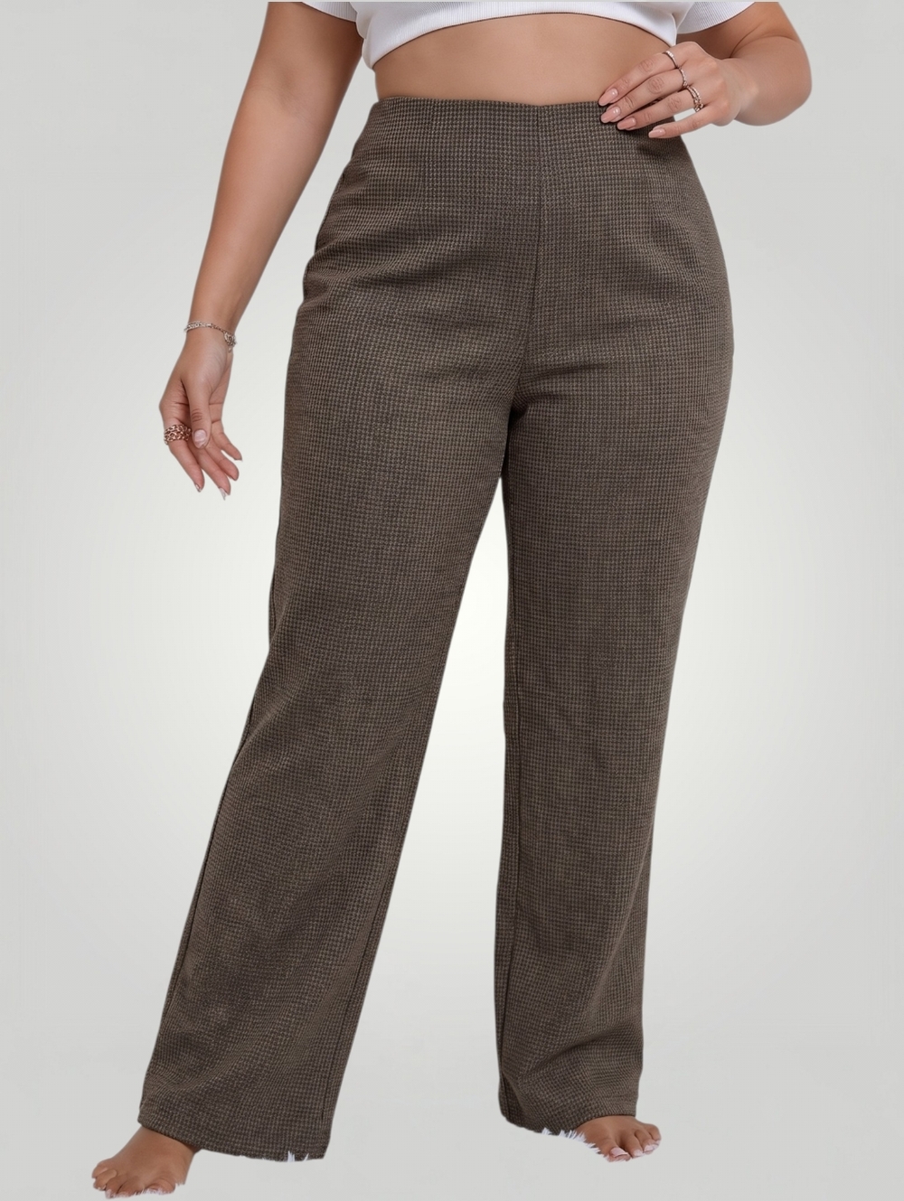 Carlisle Wool Houndstooth Wide Leg Trousers 14 Brown Cream High Rise Fully Lined